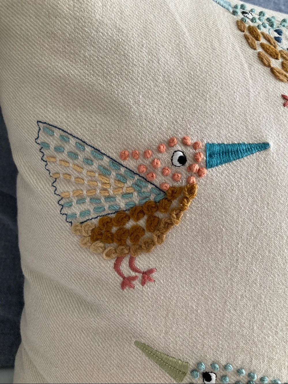 Pier 1 Cream Embroidered Bird Toss Pillow with Multicolor Accents - Picture 4 of 5